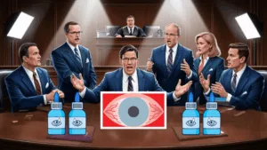 Eye drop lawyers show blindness lawsuit evidence in court.